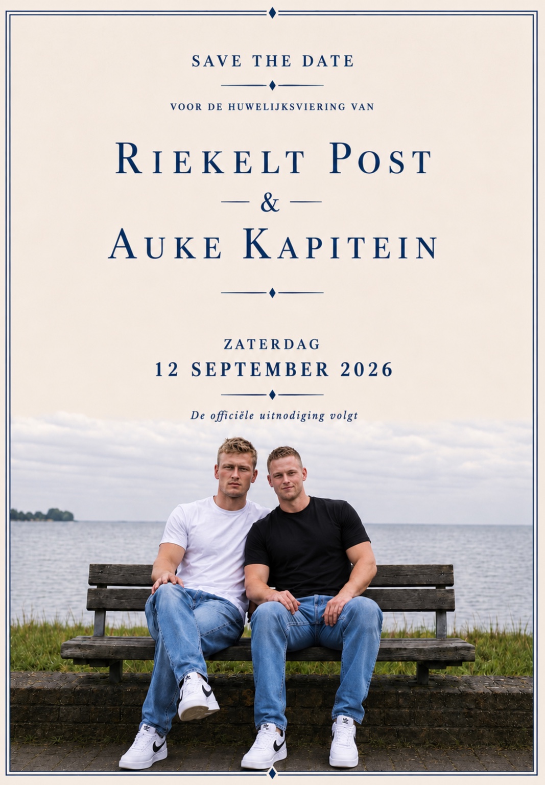 Save the date voor de huwelijksviering van Riekelt Post en Auke Kapitein, zaterdag 12 september 2026.